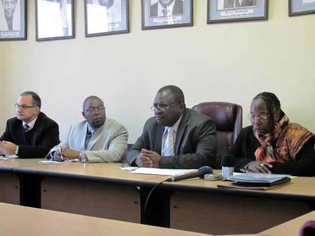 L – R Dr Peter Salama UNICEF, Deputy Minister, DR Douglas Mombeshora, Honorable Minister, Dr Henry Madzorera, and Dr Custodia Mandlhate WR