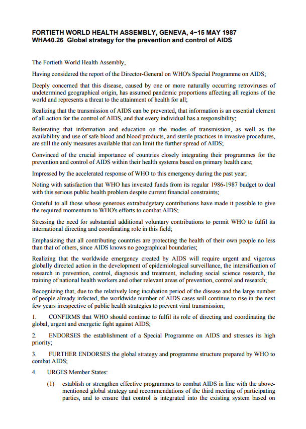  WHA40.26 Global strategy for the prevention and control of AIDS [102.76 kB]