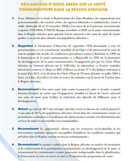 Déclaration d'Addis Abéba sur la Santé Communautaire dans la Région Africaine, 20-22 Novembre 2006