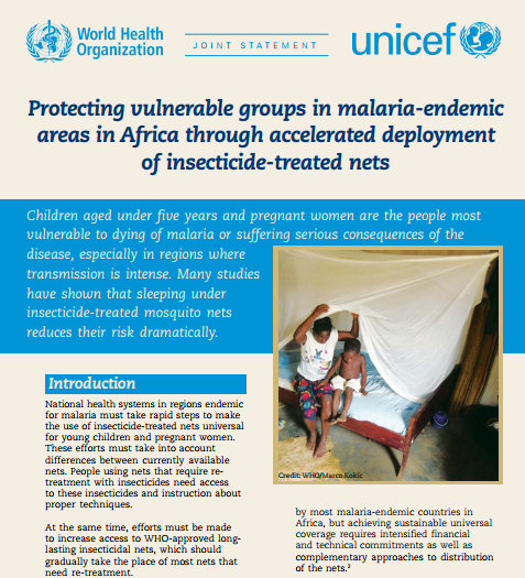 Protecting vulnerable groups in malaria-endemic areas in Africa through accelerated deployment of insecticide-treated nets