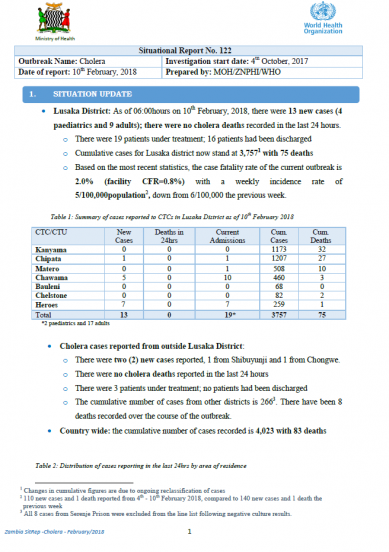 Zambia Cholera Outbreak Situation Report - 10 February 2018