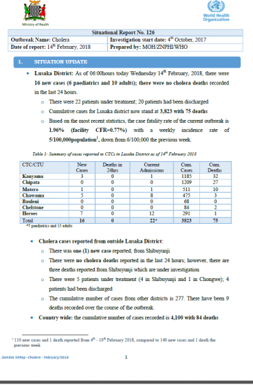 Zambia Cholera Outbreak Situation Report -14 February 2018