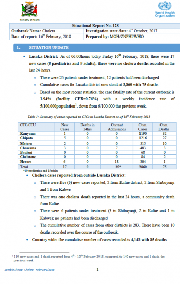 Zambia Cholera Oituation Report - 16 February 2018