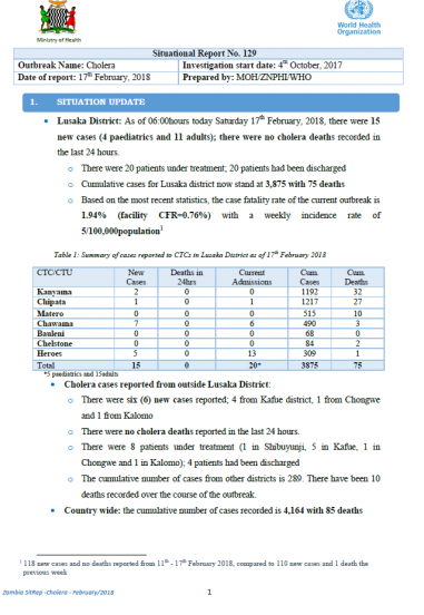 Zambia Cholera Outbreak Situation Report - 17 February 2018