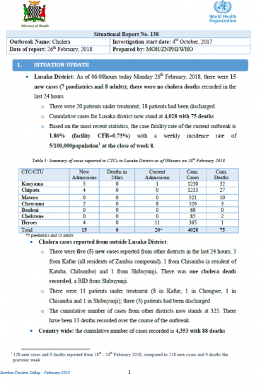 Zambia Cholera Outbreak Situation Report - 26 February 2018