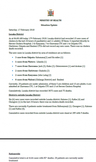 Zambia Cholera Outbreak Situation Update - 17 February 2018