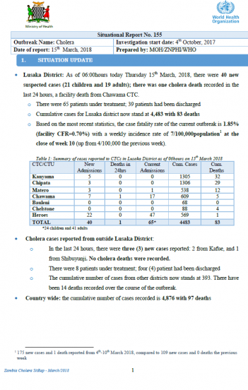 Zambia Cholera Outbreak Situation Report - 15 March 2018