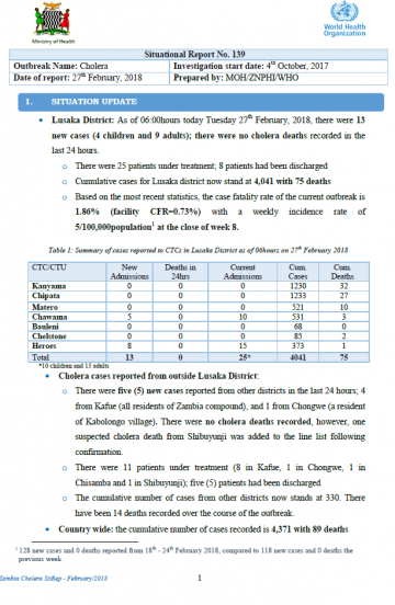 Zambia Cholera outbreak Situation Update - 27 February 2018