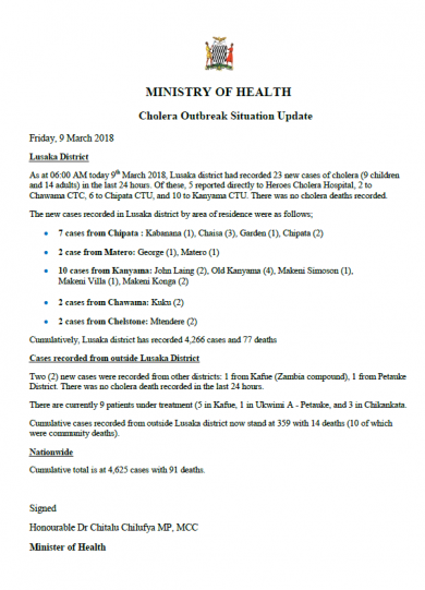 Zambia Cholera Outbreak Situation Update - 9 March 2018