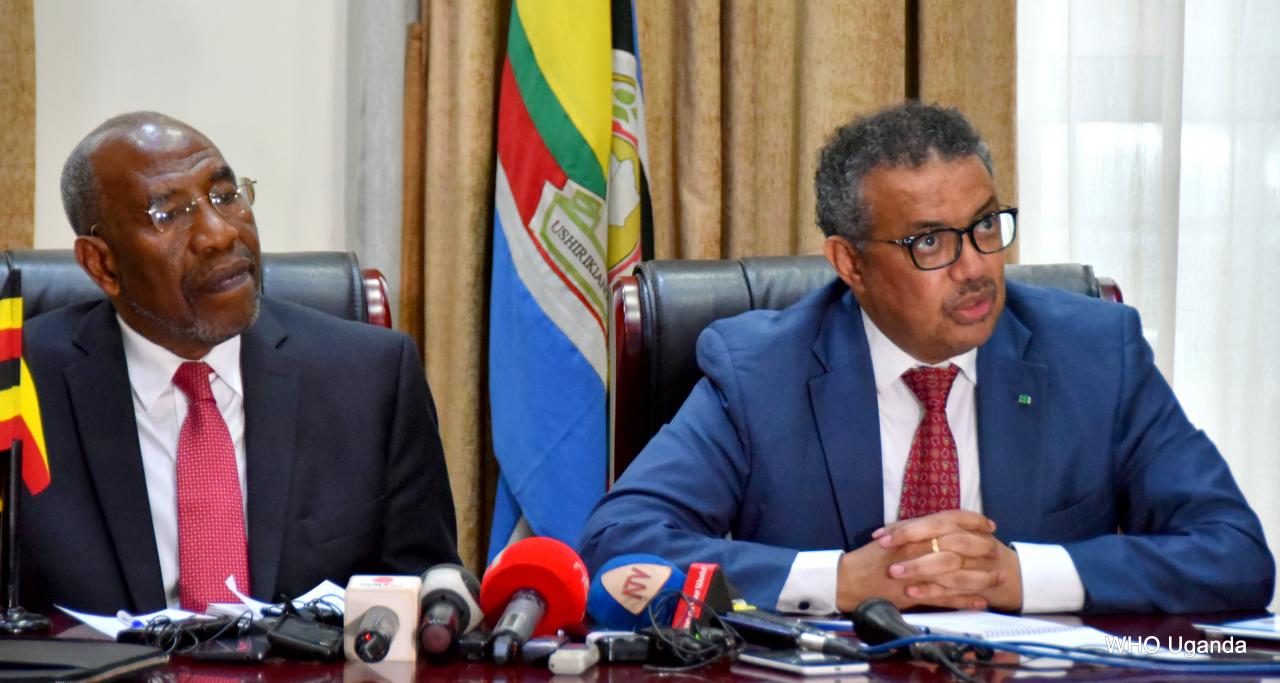 Prime Minister Dr Ruhakana Ruganda (left) and WHO DG Dr Tedros Adhanon Ghebreyesus address the media during the presser