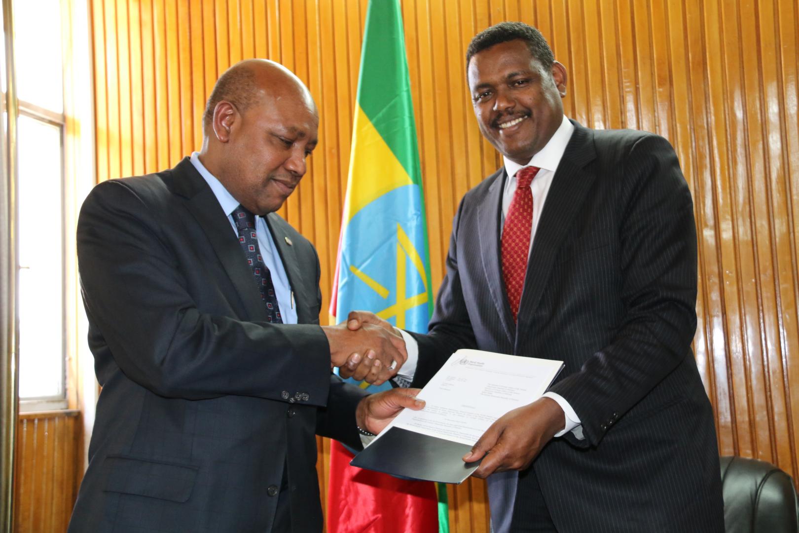 Dr Boureima Hama Sambo, WHO Representative to Ethiopia, presenting his credentials to the Ethiopian State Minister of the Ministry of Foreign Affairs, His Excellency Dr Markos Tekle.