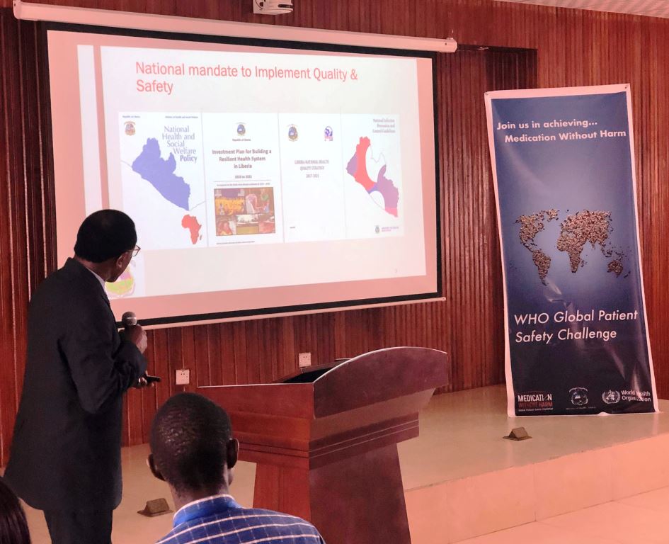 Dr. Francis Kateh , Chief Medical Officer making a presentation during the Medication Without Harm Launch in Monrovia