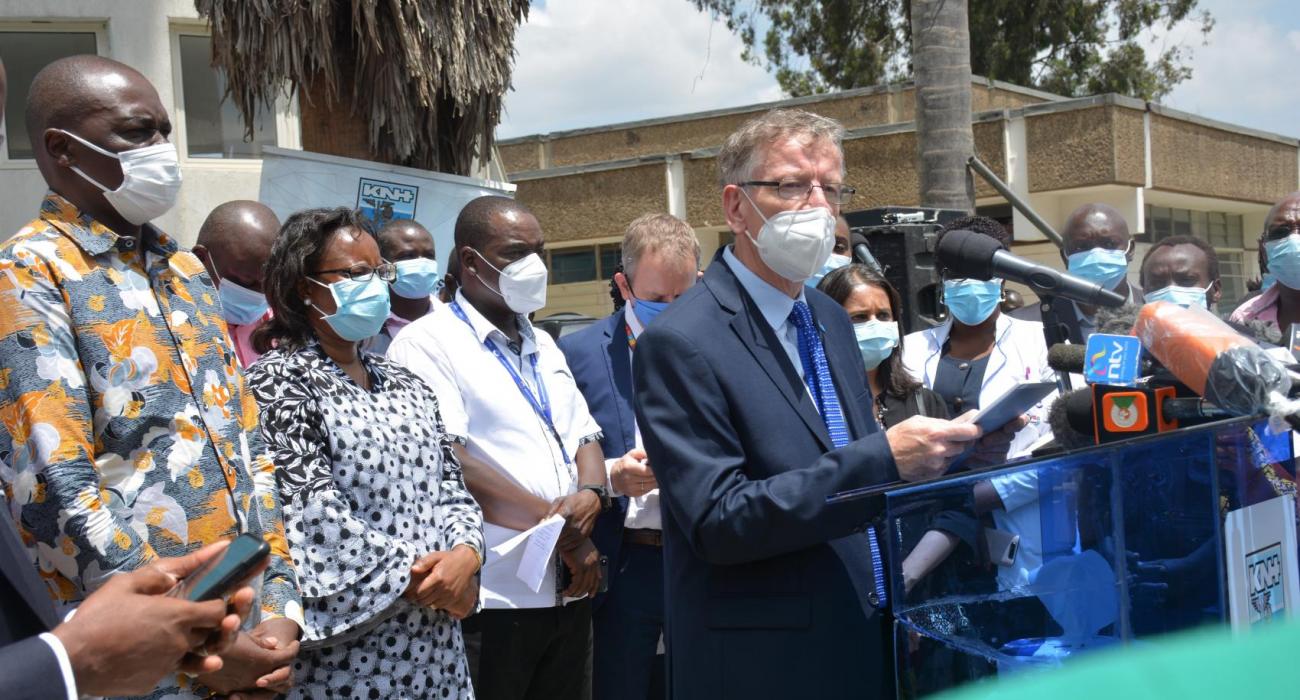 Dr Rudi Eggers, WHO Representative, Kenya, speaking during the vaccination launch. He was accompanied by MOH officials, Dr Patrick Amoth, Director General and Ms Susan Mochache, Principal Secretary  