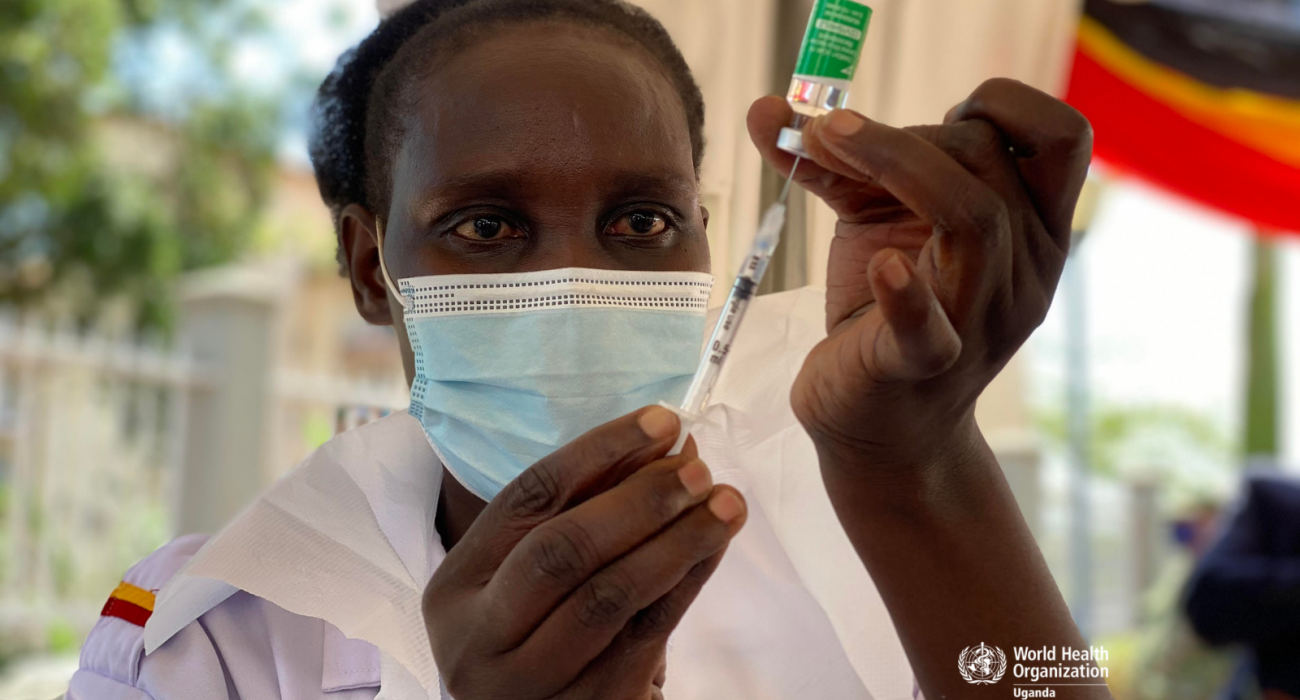Health worker draws COVID-19 vaccine jab during the current vaccination exercise in Uganda