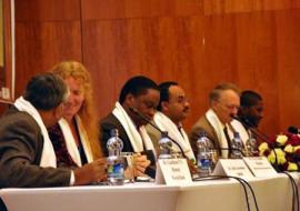 Dr Pierre M’pele Kilebou, WHO Representative to Ethiopia; H.E. Dr Kesetebirhan Admassu, Minister of Health with other delegates at the Symposium