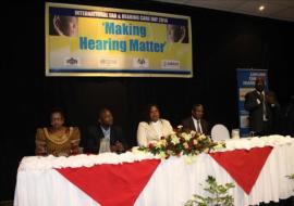 From left to right seated: Mrs. Rejoice Nkambule-Deputy Director Public Health; Dr Simon Zwane– Acting Principal Secretary; Senator Sibongile Ndlela-Simelane-Honourable Minister of Health and Dr Owen Kaluwa– WR WHO whilst Dr Vusi Magagula-Deputy Director Clinical , directs the event