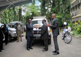 WHO Representative, Dr. Rufaro Chatora, handing over keys for the vehicle and equipment to the Ag. Permanent Secretary for Health and Social Welfare, at the Ministry of Health premises