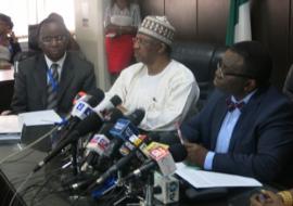 (L-R) Dr Rex Mpazanje of WHO, Dr Osagie Ehanire, Minister of State for Health and Professor Adewole at the press briefing