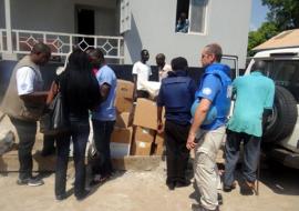 WHO staff delivering supplies to Juba Teaching Hospital in response to the conflict in Juba