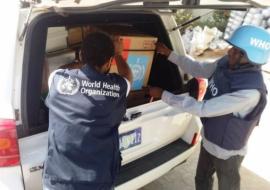 WHO team loads emergency medical supplies destined to internally displaced people’s camp in Damboa Local Government Area, Borno State.