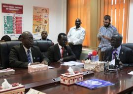 Minister of Health, Dr Riek Gai Kok, addressing the press conterence on cholera in Juba, alongside the Minister of Health for Central Equatoria State, Hon. Dr. Felix Ladu and WHO Country Representative Dr. Tarande Manzila