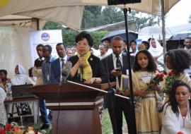 Dr Margaret Chan speaking at the vaccination event.