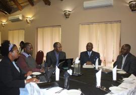 The team of consultants - Ms Zorodzai Machekanyanga, Mr Brine Masvikeni, Dr Mutale Mumba from WHO/IST, Dr Kazoka Antony-WHO Tanzania and Mr Kiptoon Shem- WHO Kenya during the MR IPV Post Introduction Evaluation debriefing meeting at Sibane Hotel in Ezulwini