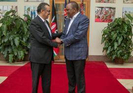 DG Dr Tedros with President Uhuru Kenyatta at State House Nairob where they discussed implementation of Universal Health Coverage and Kenya’s four priority areas of focus 