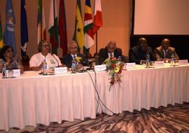 From right to left, Dr (Mrs) T. Director General Health Services, Dr Joy St John, Assistant Director-General Climate and Other Determinants of Health , WHO Geneva, Dr Hon. A. Husnoo, Health Minister, Mauritius, Mr Guness, Senior Chief Executive, Dr M. Bagayoko from WHO AFRO and Dr L. Musango, WHO Representative in Mauritius, during a press conference following the closure of the WHO Global Conference  on  21-22 March 2018 in Mauritius