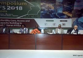 L-R: Professor Oladapo Ashiru, President of Africa Fertility Association, Hon Sarah Opendi- Minister of State for Health, Hon Jacob Oulanya- Deputy Speaker of Parliament in Uganda, Dr. Yonas Tegegn- WHO Representative to Uganda and Dr Richard Kennedy, President of the IFFS at the opening of the symposium