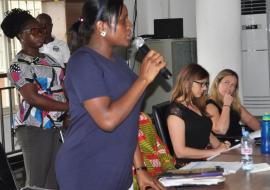 Mrs. Victoria Katawera Nyanzi, WHO-Liberia NCDs Technical Officer, making remarks during the National  Cancer Policy validation workshop in Monrovia