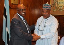 His Excellency Dr Mokgwetsi E.K. Masisi, President of the Republic of Botswana (left) meeting with Dr Martins Ovberedjo, the outgoing WHO Representative to Botswana (right)