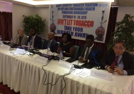 Ms. Norwu Howard, Dep. Health Minister, Dr. Mesfin G. Zbelo, WHO Country Rep. a.i., Dr. William Maina, WHO AFRO Project Officer for Tobacco and other high-profile delegates at the Tobacco Taxation Policy and Health Financing Workshop in Monrovia