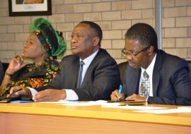 Governor of the Khomas Region, Mrs. Laura Mcleod-Katjirua; Minister of Health and Social Services, Dr Kalumbi Shangula; WHO Representative, Dr. Charles Sagoe-Moses 