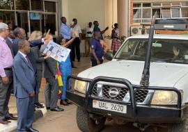 Dr Jane Ruth Aceng flanked by Development partners officially flags off the field data collection teams