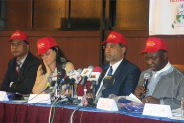 The ED of NPHCDA(right) addressing journalists on 2016 AVW while WR (3rd left) and other dignitaries listen