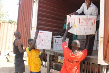 A team at the government Central Medical Store offloading cholera vaccines that arrived the country for the Oral Cholera Vaccination campaign.