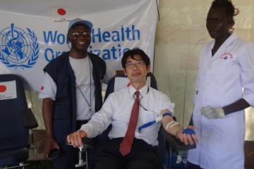 The Japanese Ambassador to South Sudan, H.E. Mr. Masahiko Kiya donating blood