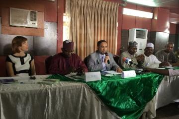 In the Middle WHO Nigeria Country Representative Dr Vaz Gama Rui making a speech on behalf of Partners on AVW. On his left is ED of NPHCDA Dr Ado Muhammed