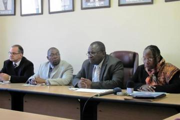 L – R Dr Peter Salama UNICEF, Deputy Minister, DR Douglas Mombeshora, Honorable Minister, Dr Henry Madzorera, and Dr Custodia Mandlhate WR