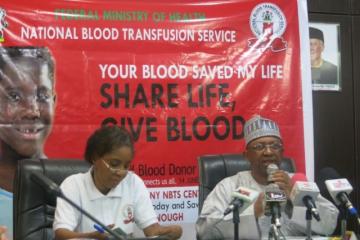 Minister of State for Health, Dr Osagie Ehanire (right) addressing journalists on 2016 World Blood Donor Day