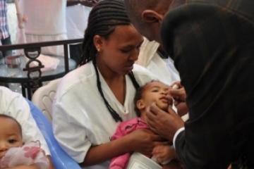 The high-level officials present administrated polio vaccine drops at the launching ceremony of the fourth African Vaccination Week in Gondar, Amhara Region, Ethiopia.