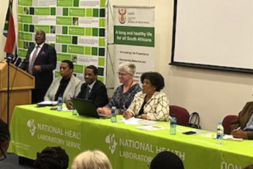 Dr Aaron Motsoaledi (Minister of Health), Ms Aneliswa Cele (Chief director, Environmental Health), Dr Brian Chirombo (OIC, WHO), Dr Kerrigan McCarthy (IMT Lead, NICD),  Ms Precious Matsoso (DG, Health)