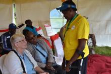 WR Kenya Dr Custodia Mandlhate (right) with UNICEF acting director Dr Pirkko Heinonen consult with the Narok County Immunization champion Hon Violet Sikawa at the  launch 