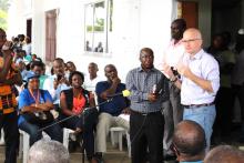 Hon. Dr. Edward B. McClain, Jr., Minister of State for Presidential Affairs, proxy for H.E. Mrs. Ellen Johnson Sirleaf, President, Republic of Liberia, making remarks and officially opening the Island Hospital