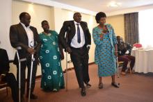 Some of the 13 Polio and  Immunization champions during the  Polio stakeholders meeting in Nairobi. From left, Alex Chelimo, Caroline Agwanda , Joseph Lokwatom,  and  Violet Soila Sikawa