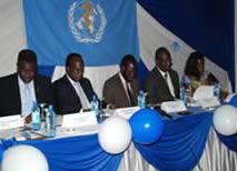 Panel of speakers at the press conference, from left: Mr. Elhadj, UNICEF; Dr. David Okello, ATM Cluster Director, WHO-AFRO; Hon. Prof. Peter Anyang’ Nyong’o, Minister for Medical Services, Kenya, Dr. Jack Abdoulie, WHO Country Representative Kenya and Dr. Kim Dickson, HIV Advisor, WHO-Headquarters.