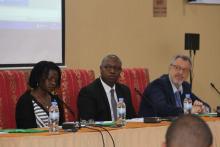 Rwanda’s Minister of State for Public and Primary Health care, Dr. Patrick Ndimubanzi flanked by WHO Rwanda OIC Dr Dr Juliet Bataringaya and UNICEF Representative to Rwanda Mr Ted Maly at the official opening of the 2018 IST/ESA EPI Managers’ Meeting