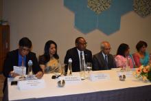 Dr L. Musango, WHO Representative and Dr Hon. A. Husnoo, Health Minister (in the centre) in the company of high officials of the Ministry of Health and Quality of Life during the opening of the NHA workshop in September 2018 