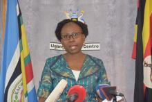 Minister of Health Dr Jane Ruth Aceng addresses the media at Uganda Media Center 